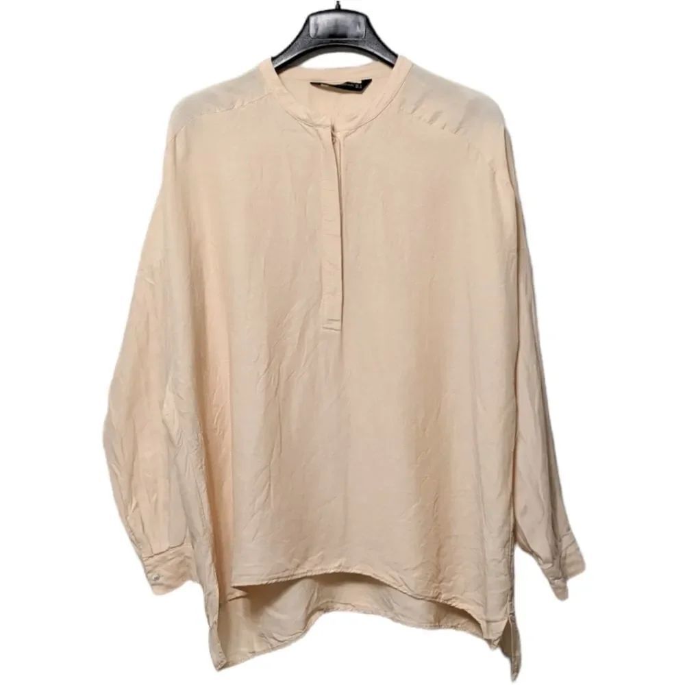 ZARA WOMAN Linen Minimalist Boxy Mandarin Collar Popover Top S